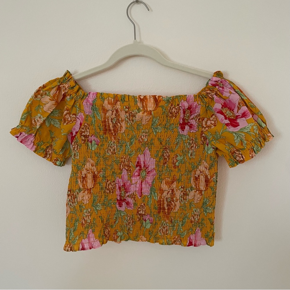 Rose + Olive orange and pink floral cotton smocked off the shoulder crop top L